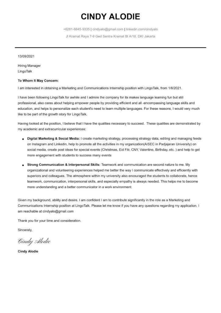 Contoh cover letter dalam Bahasa Inggris