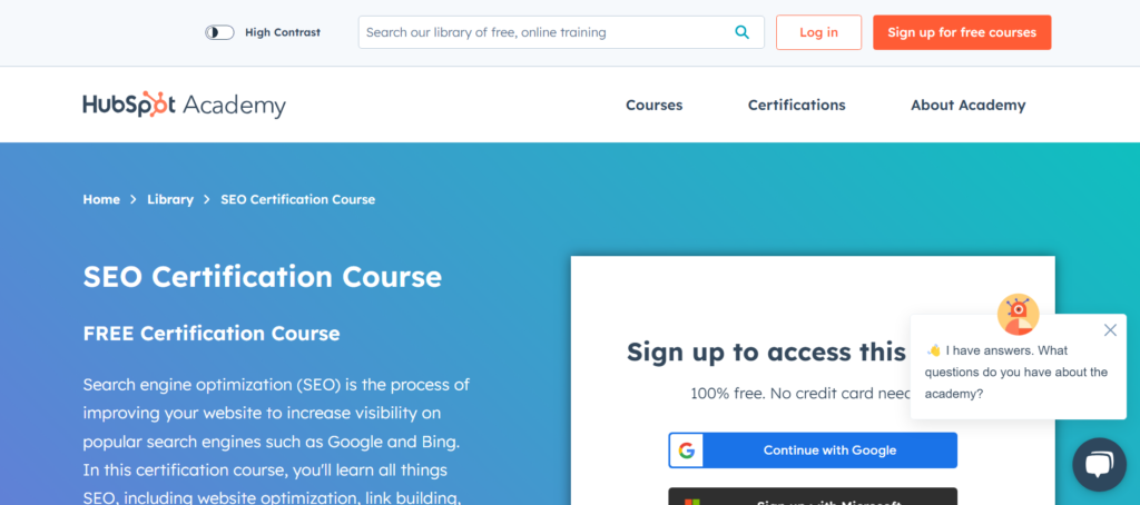 sertifikasi seo hubspot academy